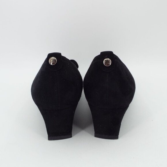 Stuart Weitzman Pleats Black Suede Wedge with Chain Bow Size 10N Narrow - Picture 7 of 16